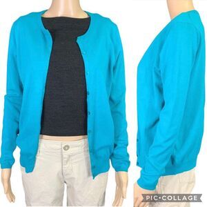 Zara Knit Womens Cardigan Sweater Lux Soft and Stretchy Button Down Teal Large